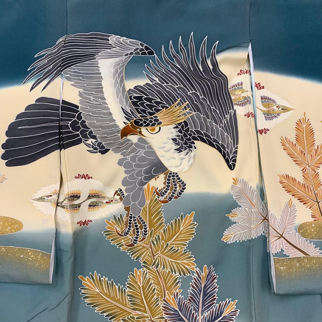 特別展示品新品正絹産着京友禅手描き美術本金仕様、特選大鷹と祝い「工芸松」古典文