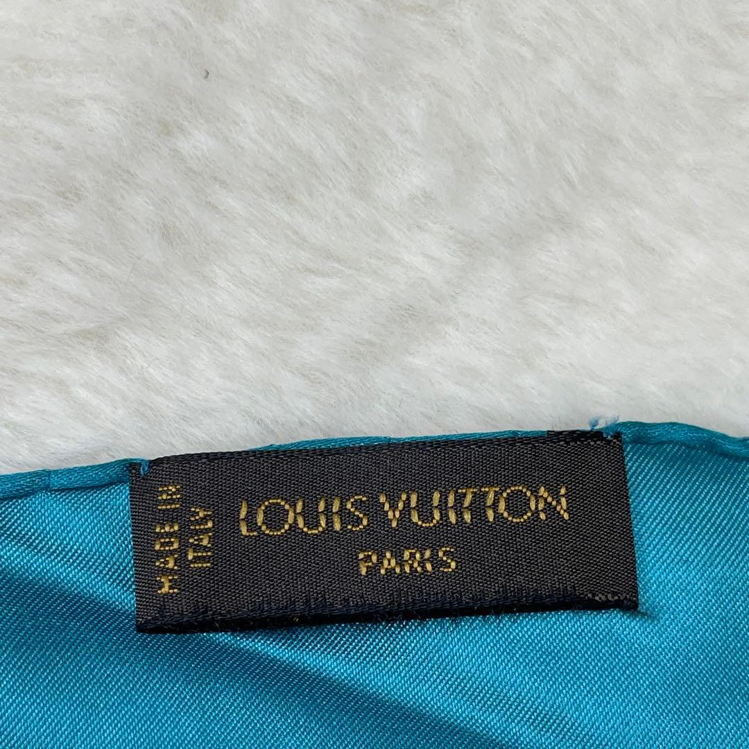 美品　Louis Vuitton スカーフ　ターコイズ シルク ストール ロゴ入