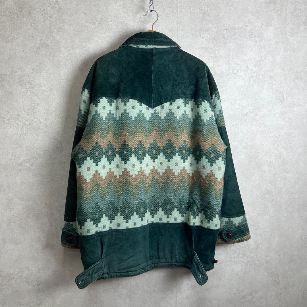 ユーロ古着 レザー ニットジャケット 裏ボア ネイティブ柄 vintage