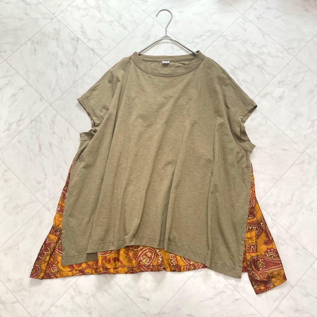 美品✨45R シルク切り替え　ペイズリーバンダナ柄　Tシャツ　フレンチスリーブ