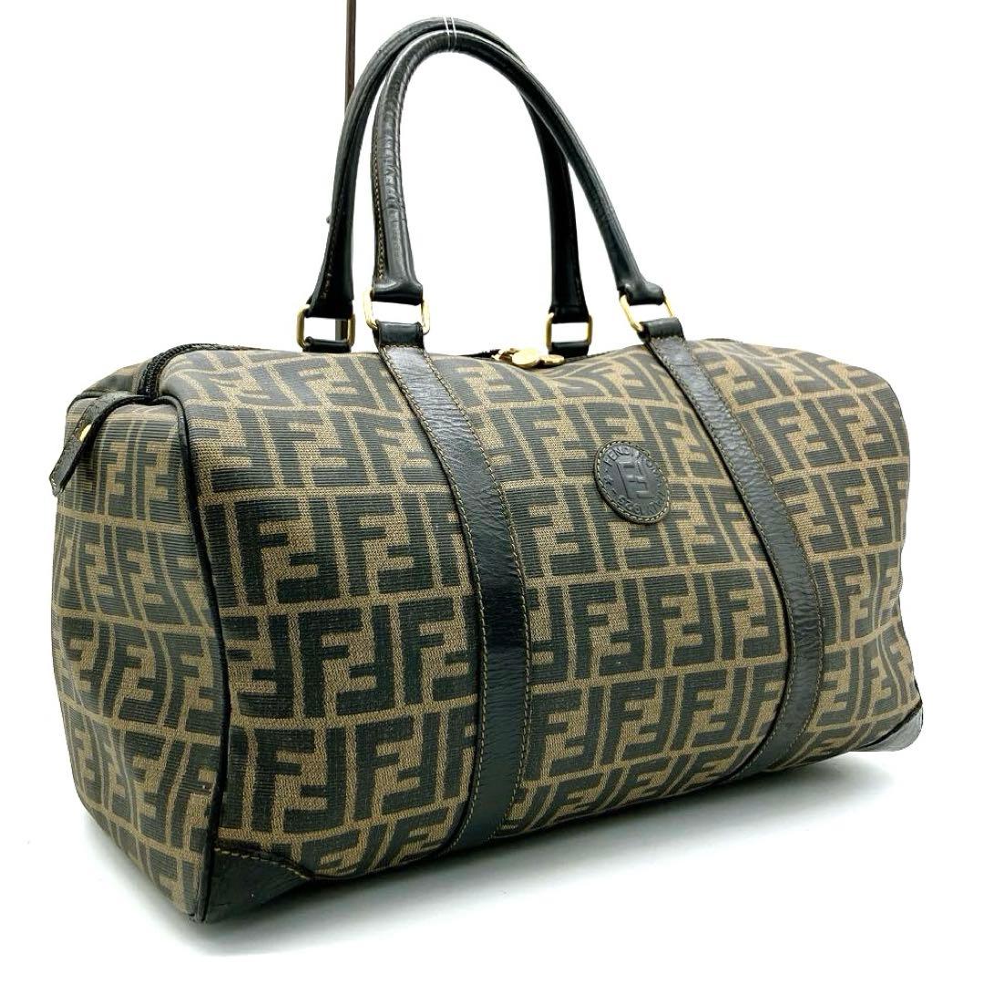 【FENDI】ボストンバッグ　ズッカ柄　ゴールド金具　ブラウン　PVC