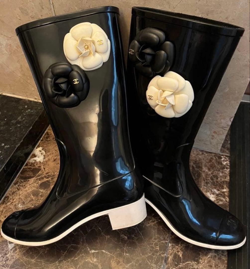 CHANEL カメリア レインブーツ ブラック 38