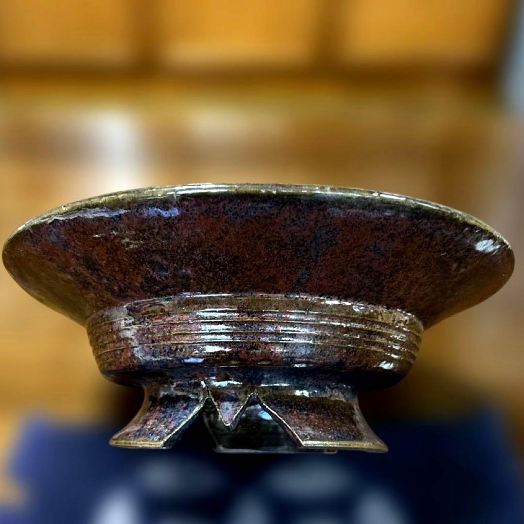 424 【未使用美品】丹波立杭焼 飾皿 花器 割高台 景色良し 茶道具 華道具