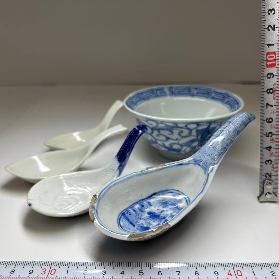 中国清朝時代　古染付レンゲ、鉢5客　東Y7-1022☆2Fタニチ