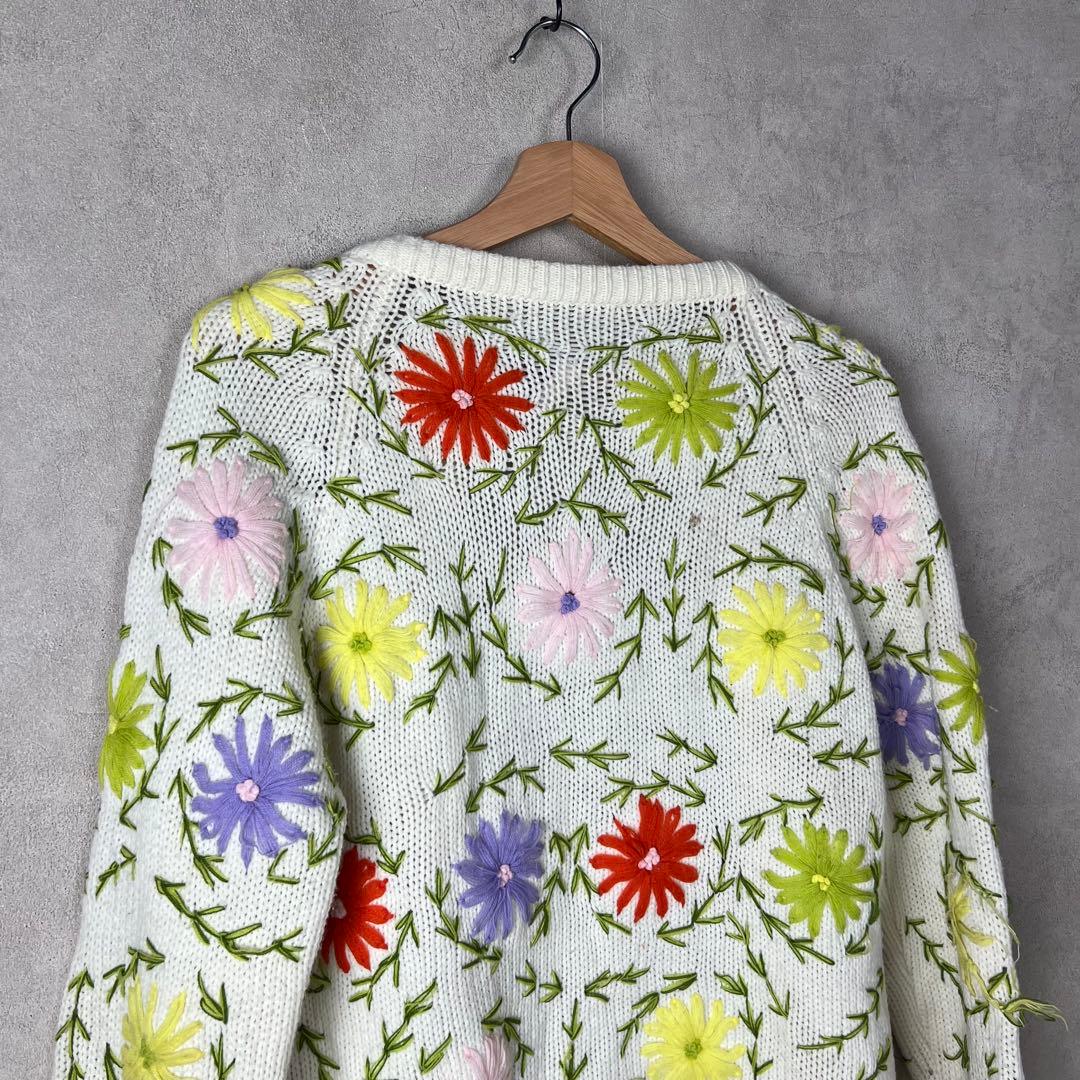 60s 70s USA古着 カラフル 花柄刺繍ニットカーディガン vintage