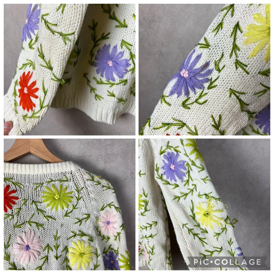 60s 70s USA古着 カラフル 花柄刺繍ニットカーディガン vintage