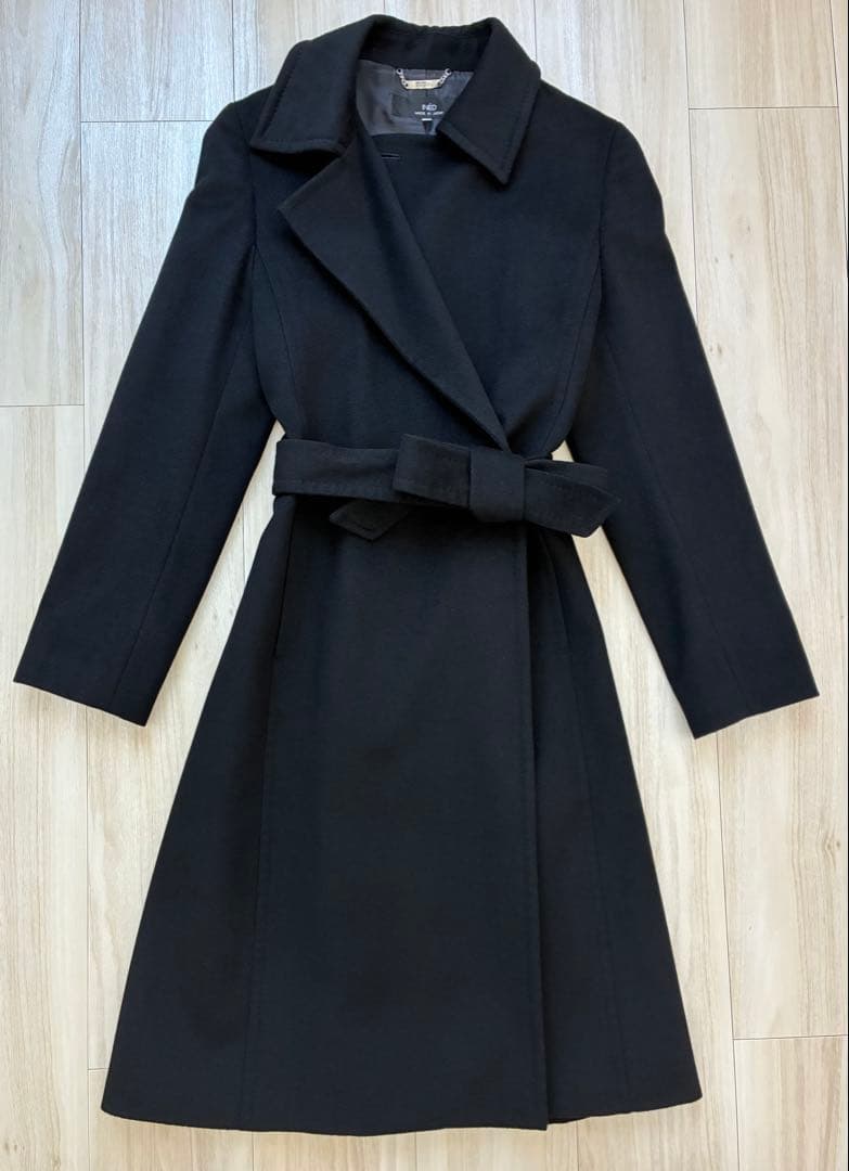 美品11号 イネドINED カシミヤ100%ラップ風チェスターコート黒フォーマル