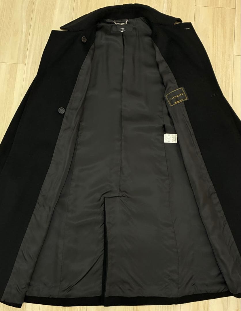 美品11号 イネドINED カシミヤ100%ラップ風チェスターコート黒フォーマル