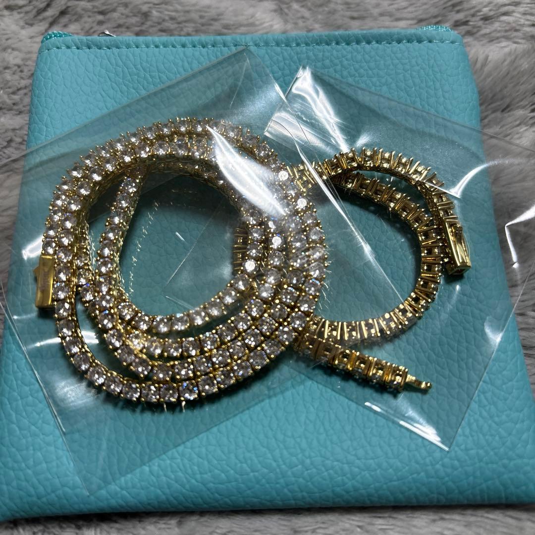 ジルコニアゴールドネックレス　ブレスレットSET テニスチェーン　3ミリ