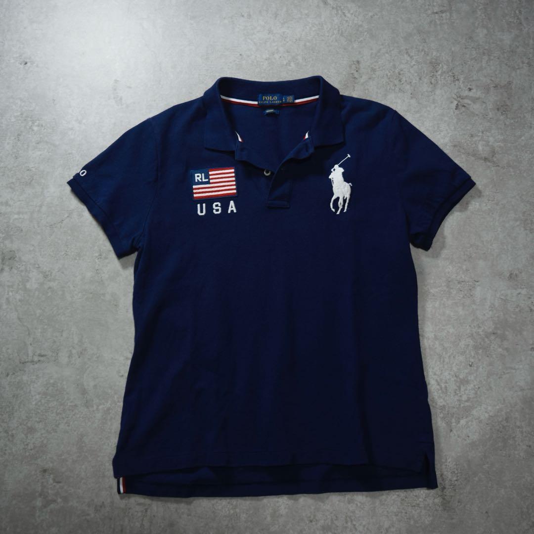 POLO RALPH LAUREN ビッグポニー 半袖ポロシャツ USA国旗 紺