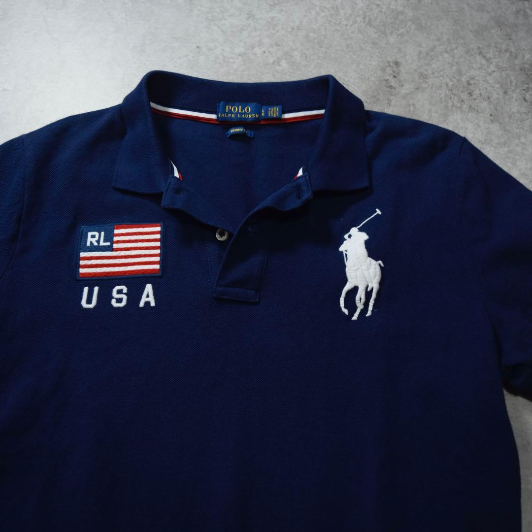 POLO RALPH LAUREN ビッグポニー 半袖ポロシャツ USA国旗 紺
