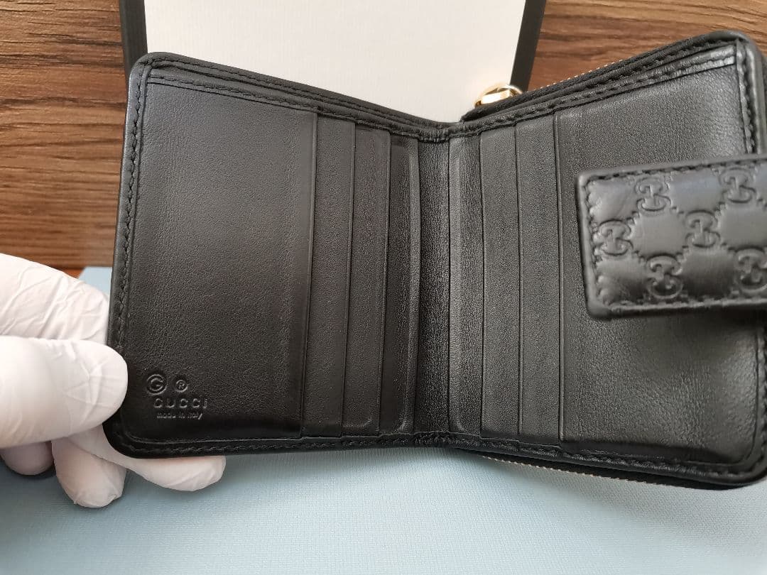 GUCCI シマ レザー GG 二つ折り財布 ミニウォレット ラウンドファスナー