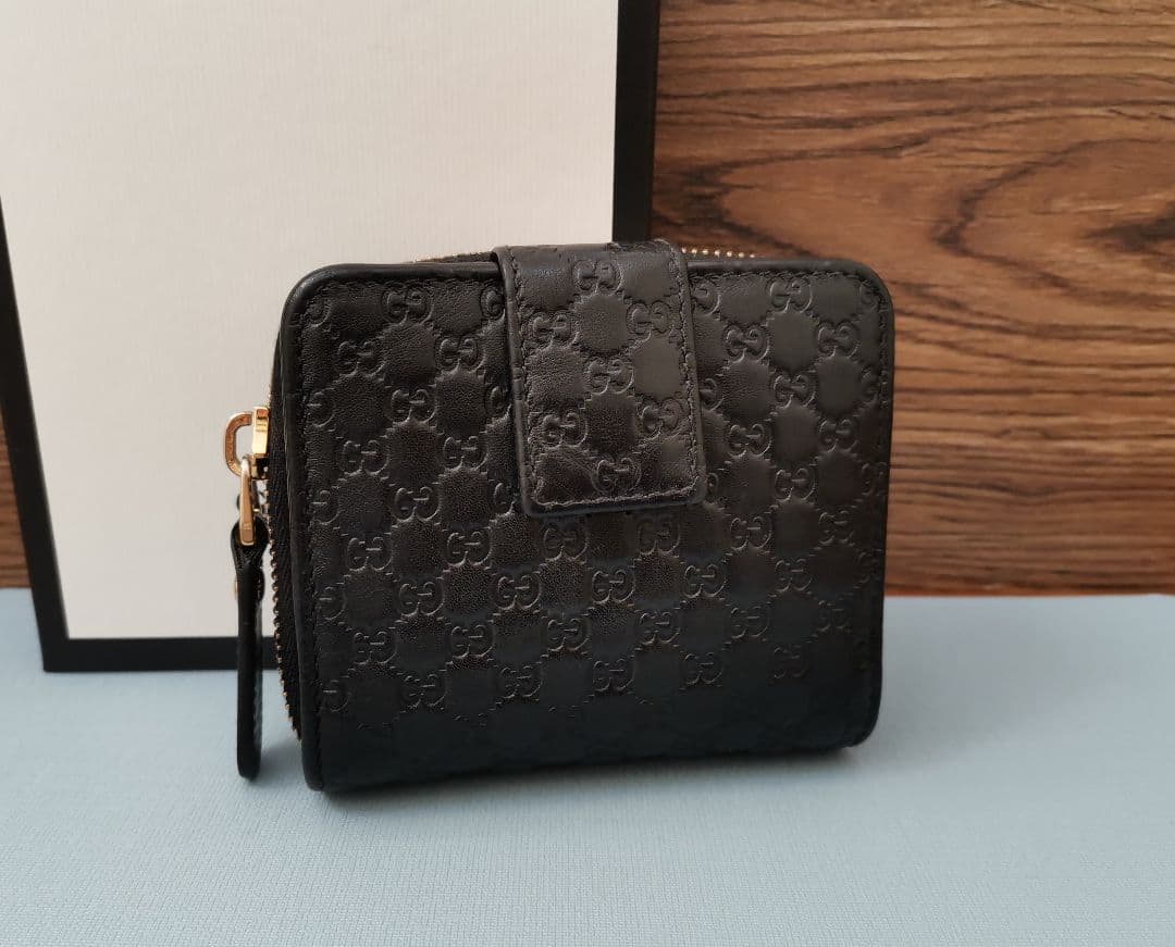 GUCCI シマ レザー GG 二つ折り財布 ミニウォレット ラウンドファスナー
