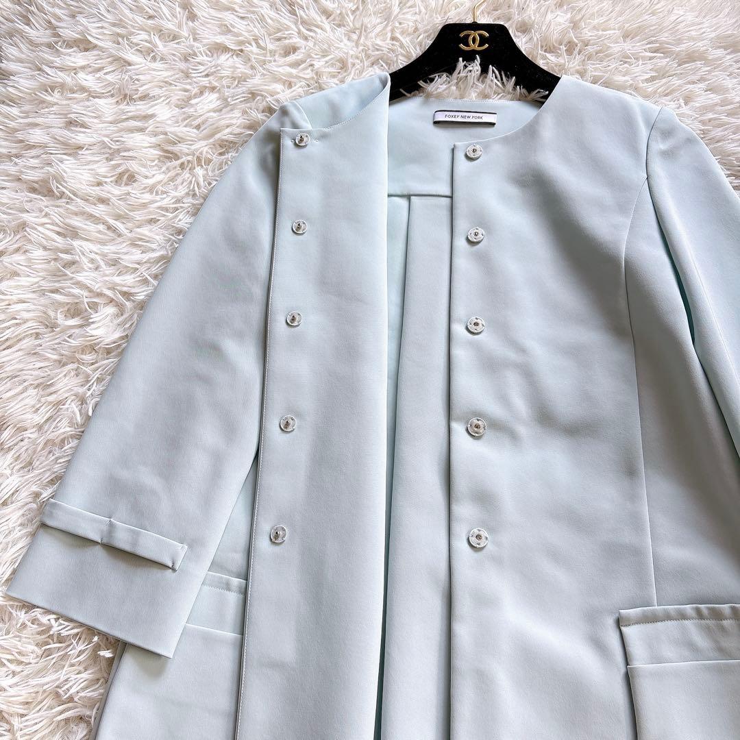 美品✨ フォクシーニューヨーク マットストレッチグログランコート ブルー 38