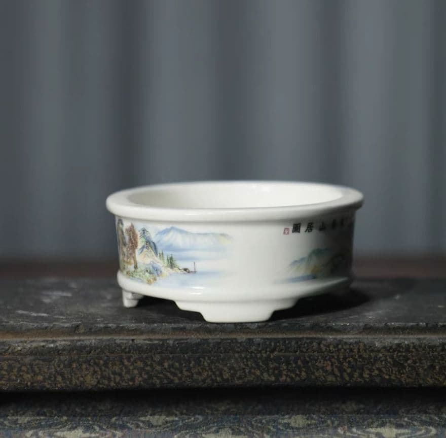 富山春居図陶器鉢 盆栽鉢 山野草鉢 多肉植物 植木鉢 小品大品盆栽鉢 陶器鉢置物