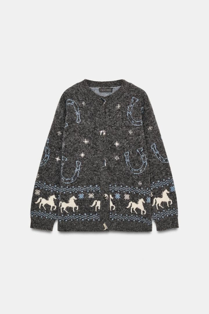 ZARA ジャカードニットボタンカーディガン S 馬柄セーター