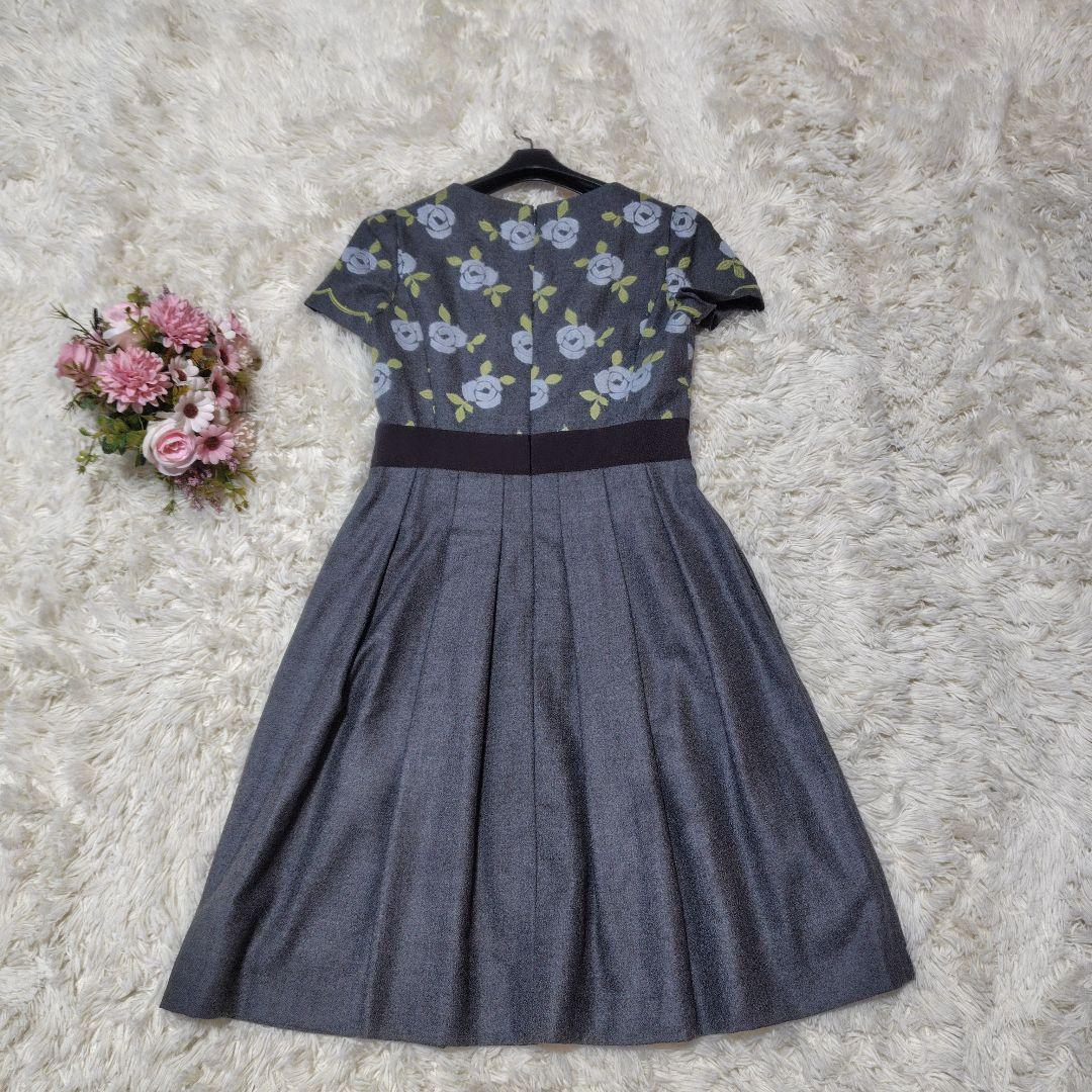 【極美品♡希少40】エムズグレイシー ローズ刺繍×リボンフレアワンピース　ウール