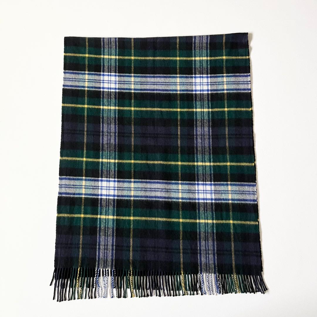 3326【美品】ジョンストンズ　大判ストール カシミヤ100％ チェック　緑