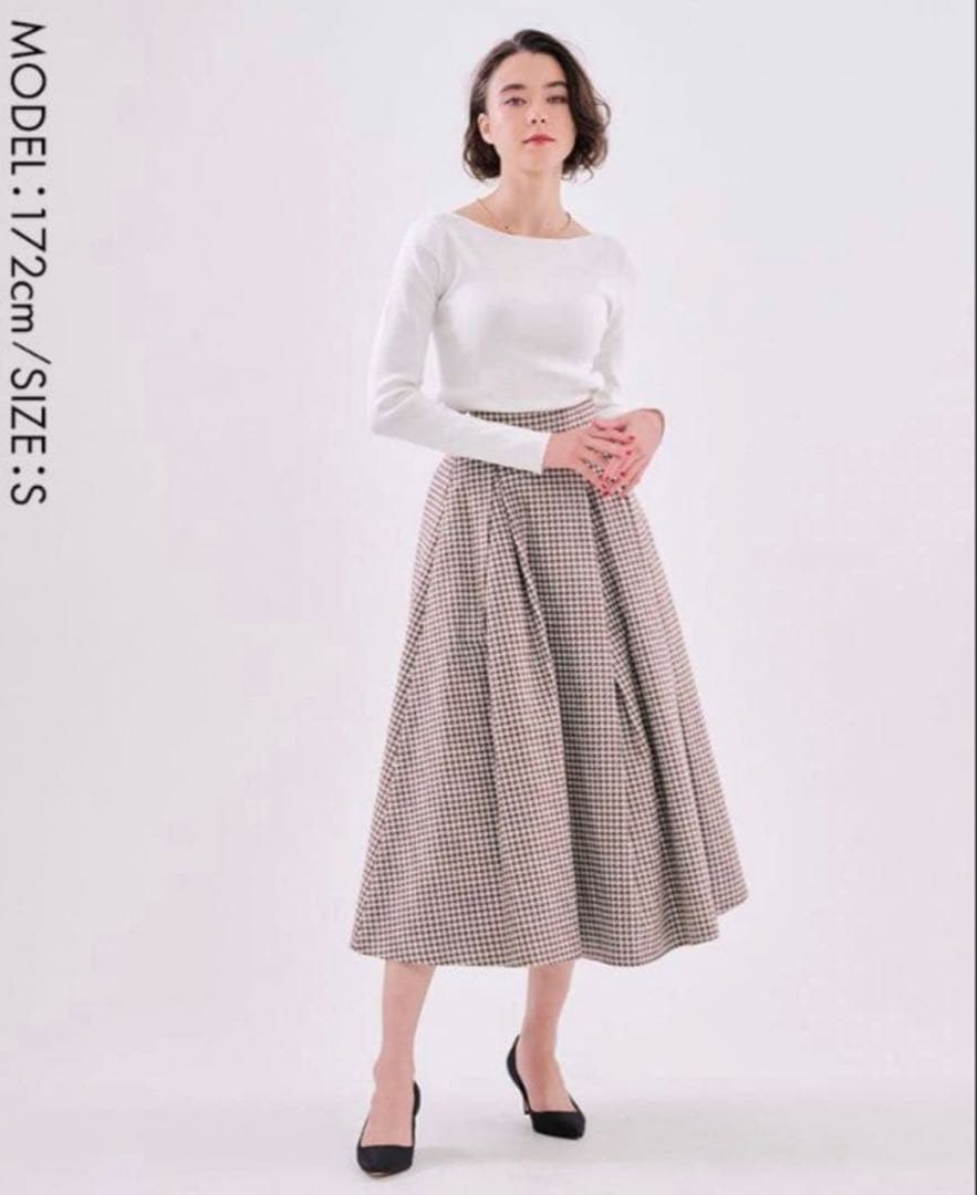 最終価格！美品✨️千鳥柄 定価2,2 希少ブラウン レトロフレアスカート ジェンヌ
