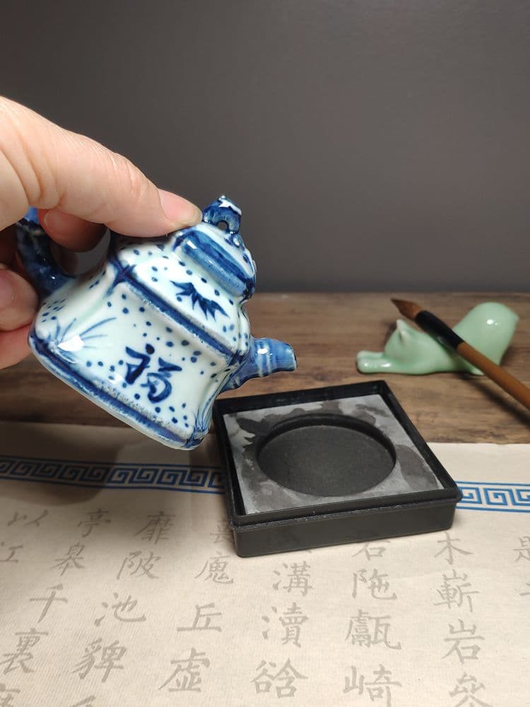 陶磁 すずり水滴壺 絵鯖竹節水注水盂 墨壺 書道具文房具 現代工芸品美術品 置物