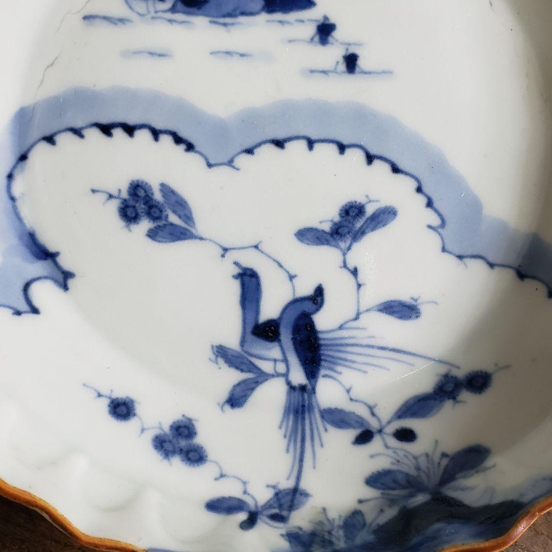 古伊万里　皿　遠景　花鳥　染付　輪花　江戸　明治　家屋　舟　山水　訳あり
