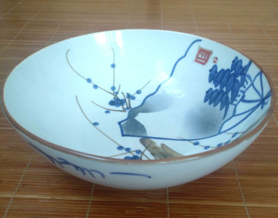 明治期　伊万里焼　染付　深皿　大鉢　中鉢　骨董品　梅　松　扇子　富士　3個セット