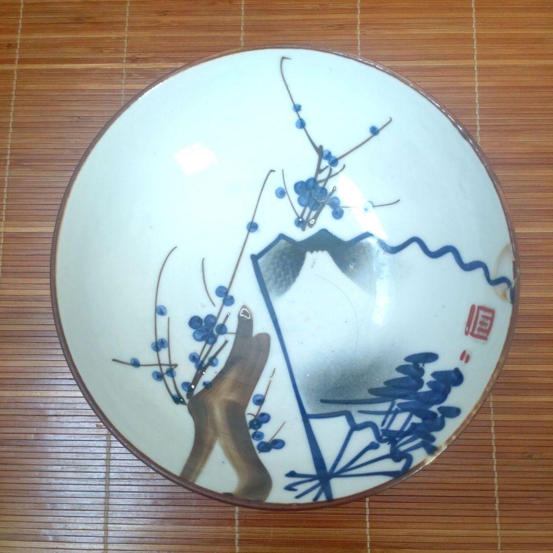 明治期　伊万里焼　染付　深皿　大鉢　中鉢　骨董品　梅　松　扇子　富士　3個セット