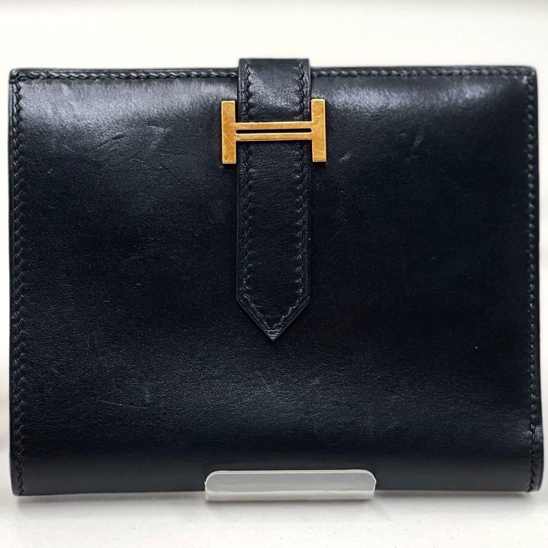 エルメス　ベアンコンパクト　ボックスカーフ　黒　折り財布　□H刻印