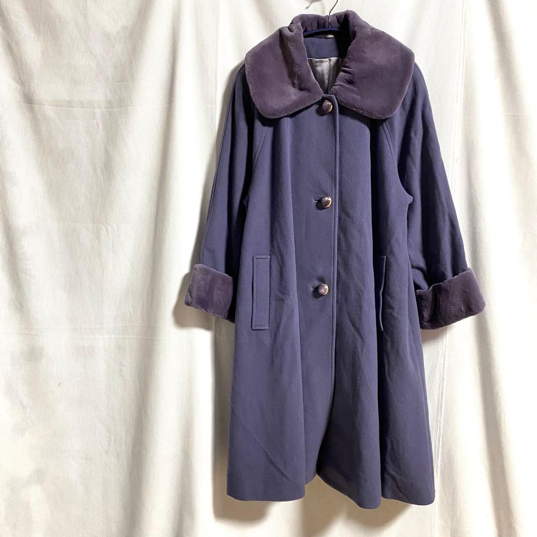 美品 カシミアコート Aライン パープル フリーサイズ カシミア混　体型カバー