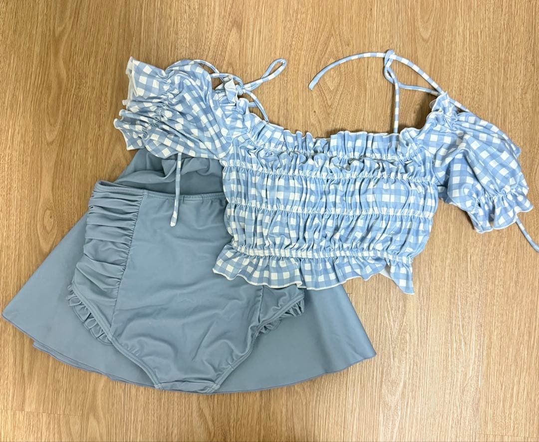 水着セット 水色 オフショルダー フリル