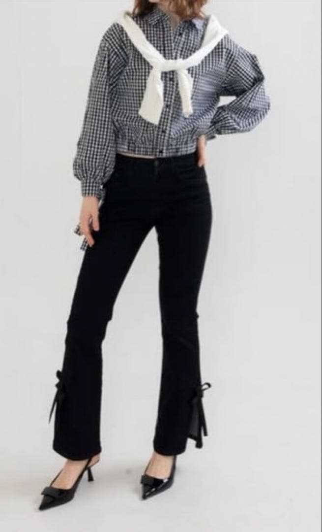 RANCLIC sideslit denim ribbon pantsブラック