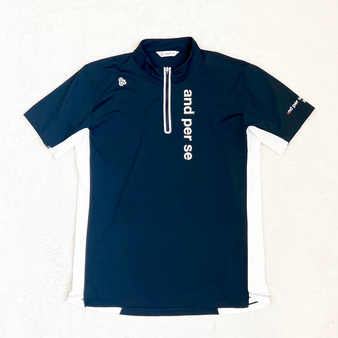 【and per se】 メンズ ジップ スタンドカラー ドライシャツ 紺 L