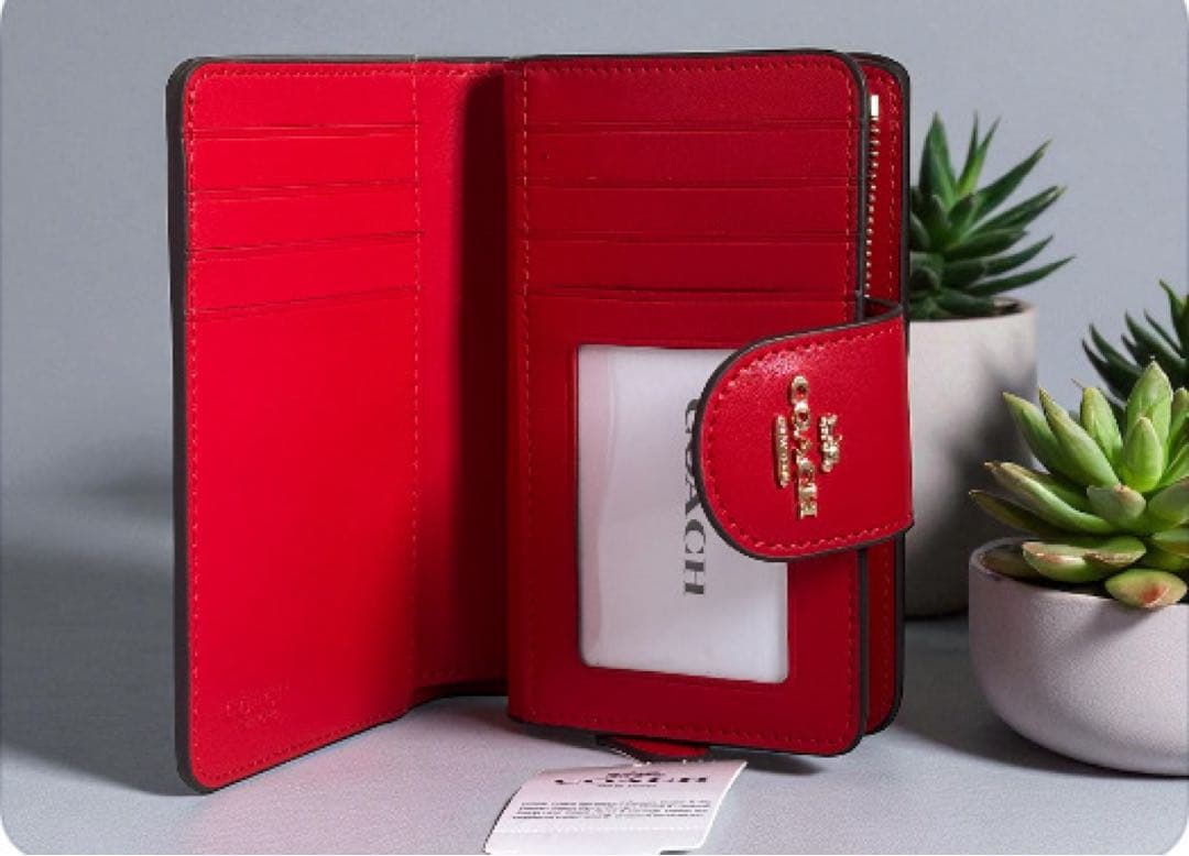 【新品】COACH 二つ折り財布ブラウン/レッドシグネチャー