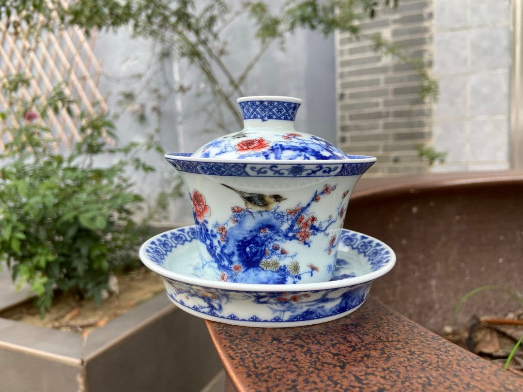 中国茶器 景徳鎮 陶磁器 青花馬蹄三才蓋碗 喜上眉梢 茶碗 煎茶器 新品未使用