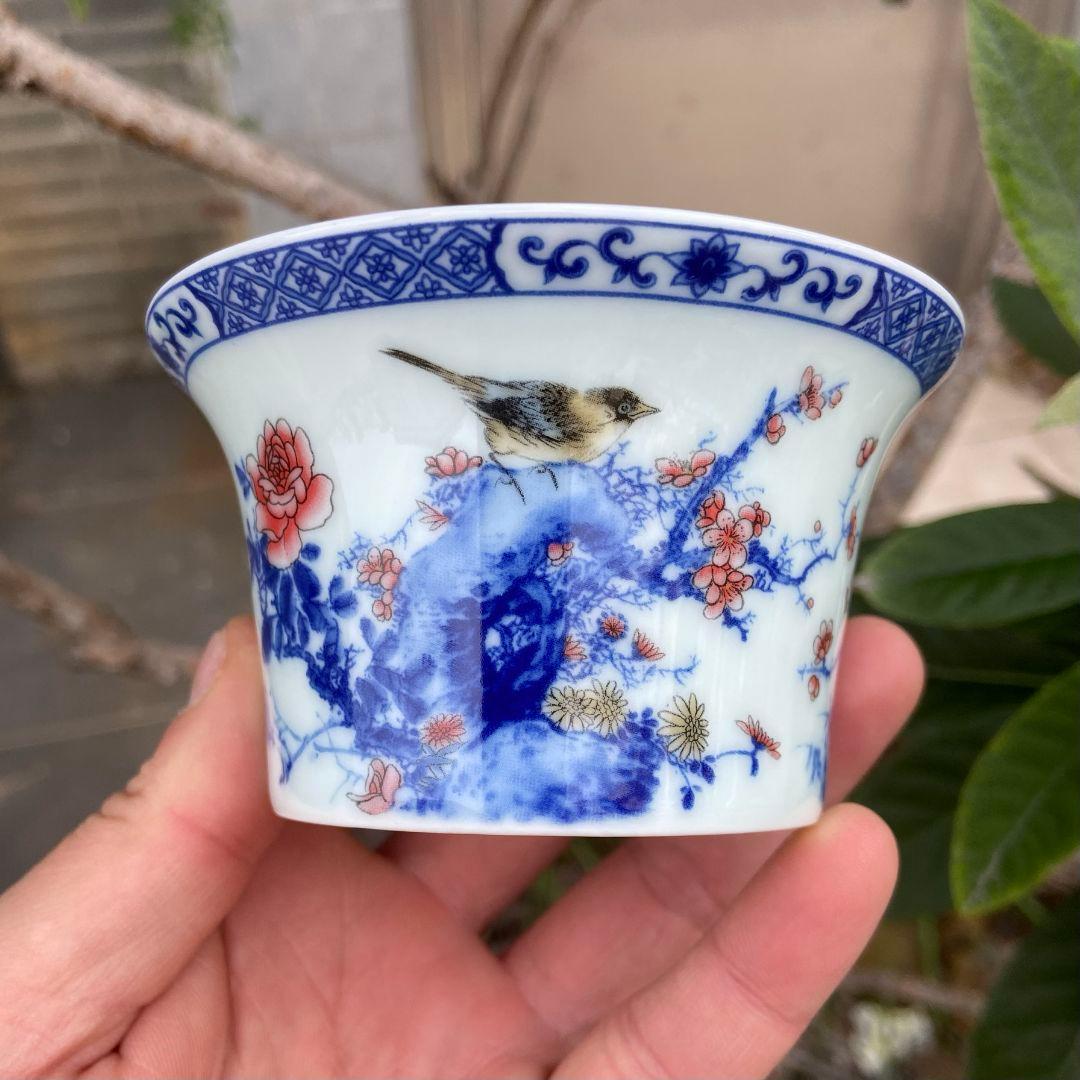 中国茶器 景徳鎮 陶磁器 青花馬蹄三才蓋碗 喜上眉梢 茶碗 煎茶器 新品未使用