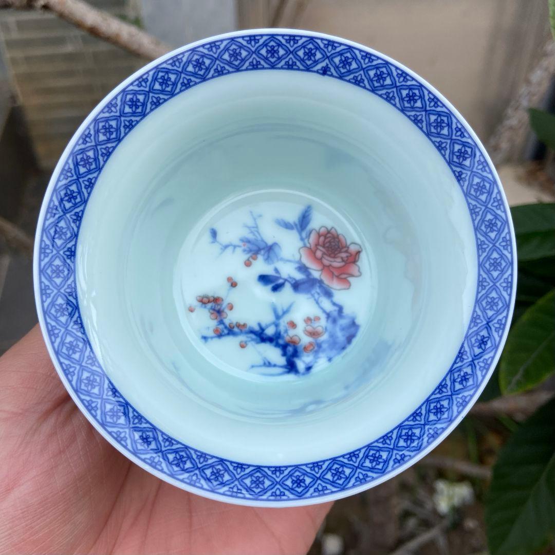 中国茶器 景徳鎮 陶磁器 青花馬蹄三才蓋碗 喜上眉梢 茶碗 煎茶器 新品未使用