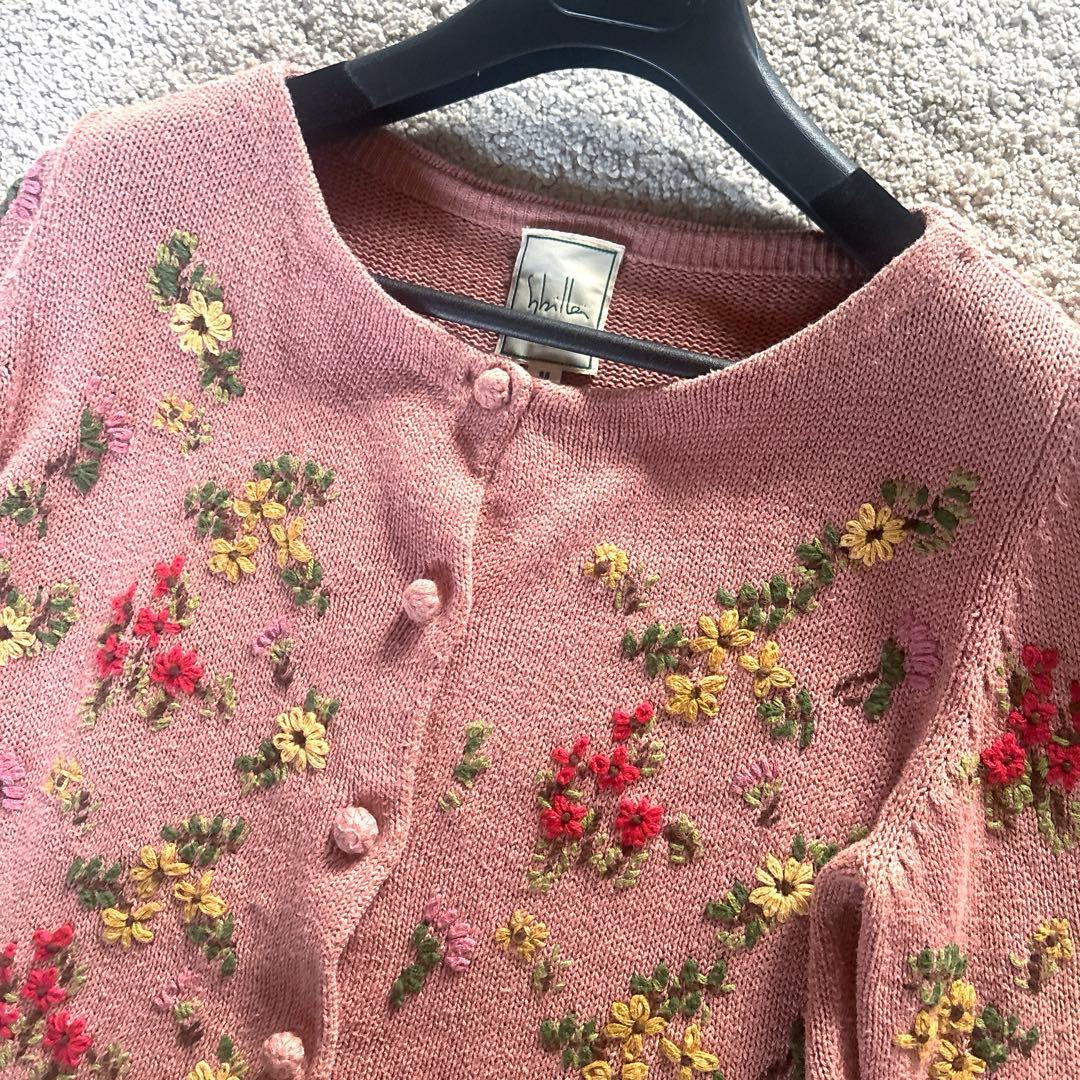 ◆Sybilla シビラ コットン リネン 花柄刺繍 カーディガン ピンク M