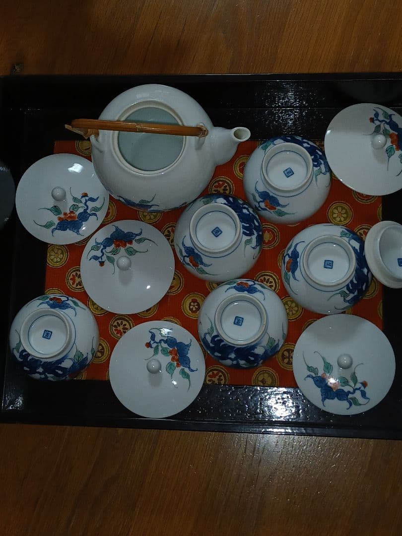 伊万里鍋島　畑萬陶苑　錦岩牡丹 急須湯呑茶器セット