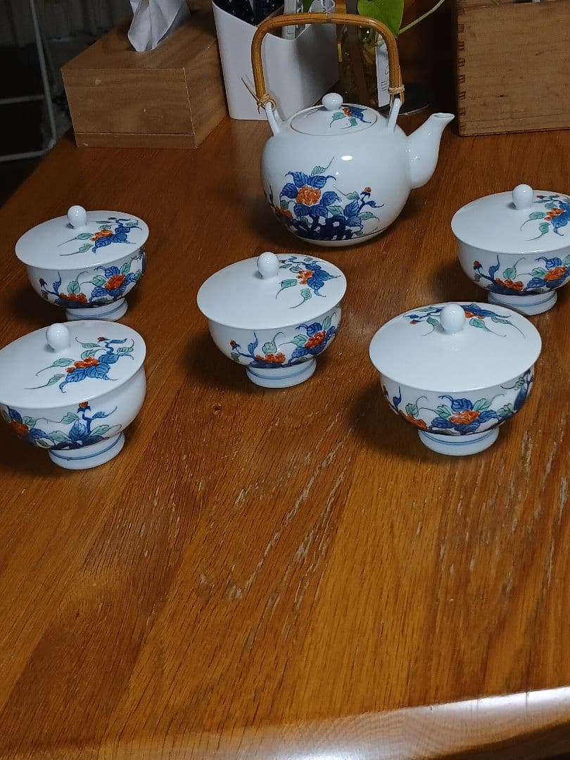 伊万里鍋島　畑萬陶苑　錦岩牡丹 急須湯呑茶器セット