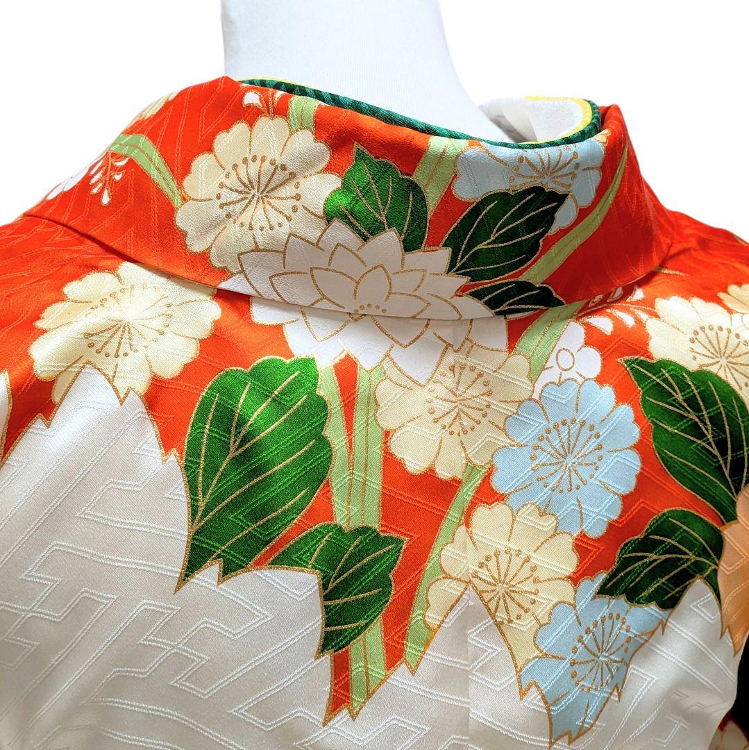 【振袖セット】花取り模様　金駒刺繍　白　オレンジ　6点セット　正絹　アンティーク