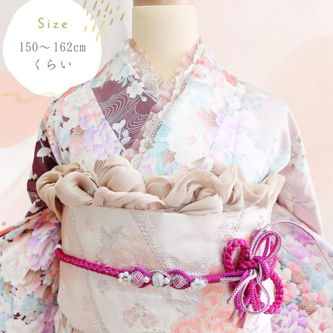 振袖フルセット　ベージュピンク×ボルドー　牡丹　くすみカラー　成人式