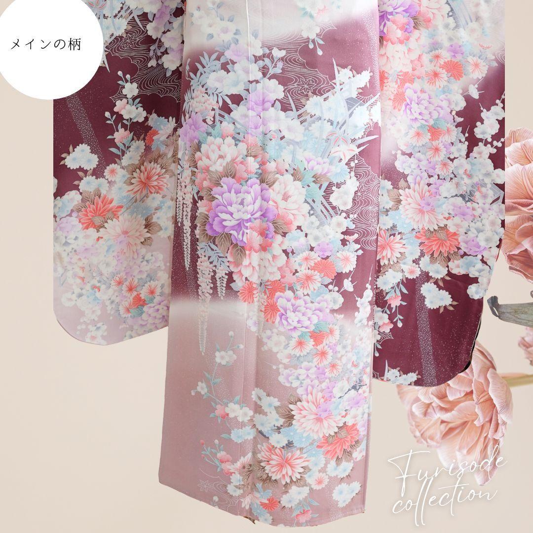 振袖フルセット　ベージュピンク×ボルドー　牡丹　くすみカラー　成人式