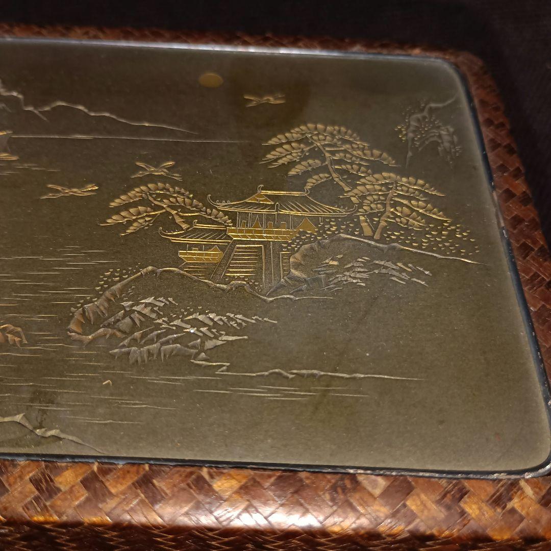 網代編み　煙草入れ　片切彫　金工細工　シガレットケース　装飾 山水彫刻　ア32