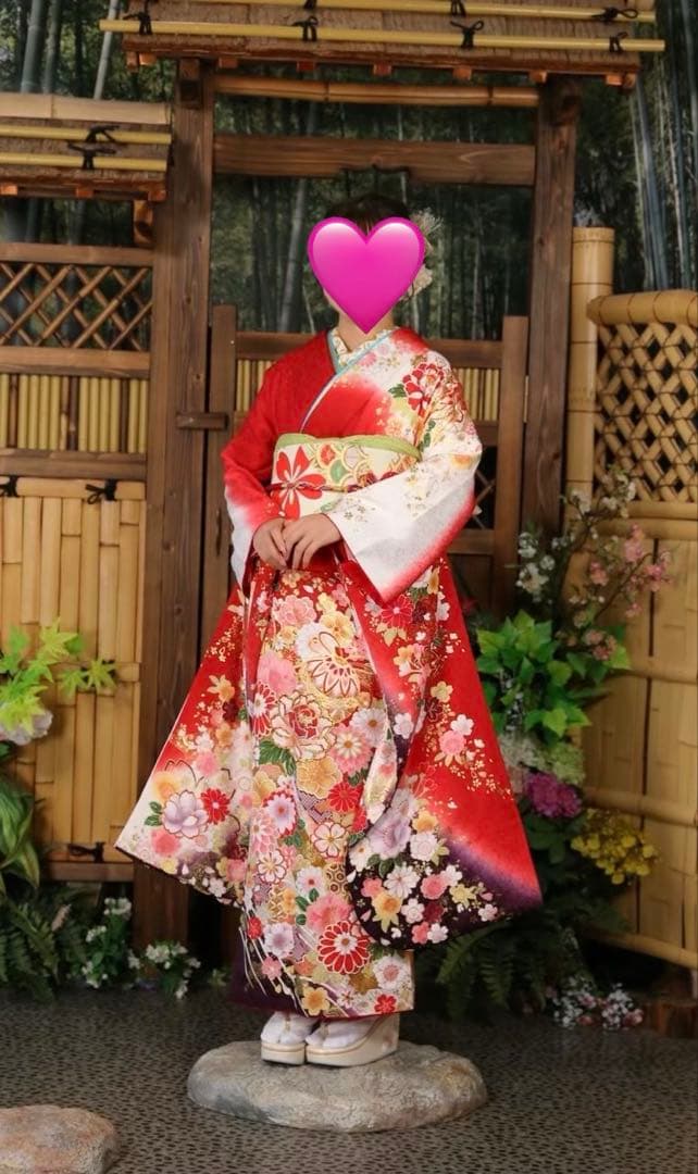 振袖フルセット 正絹 赤 花柄 振袖モード購入 成人式 前撮り 草履バッグ付