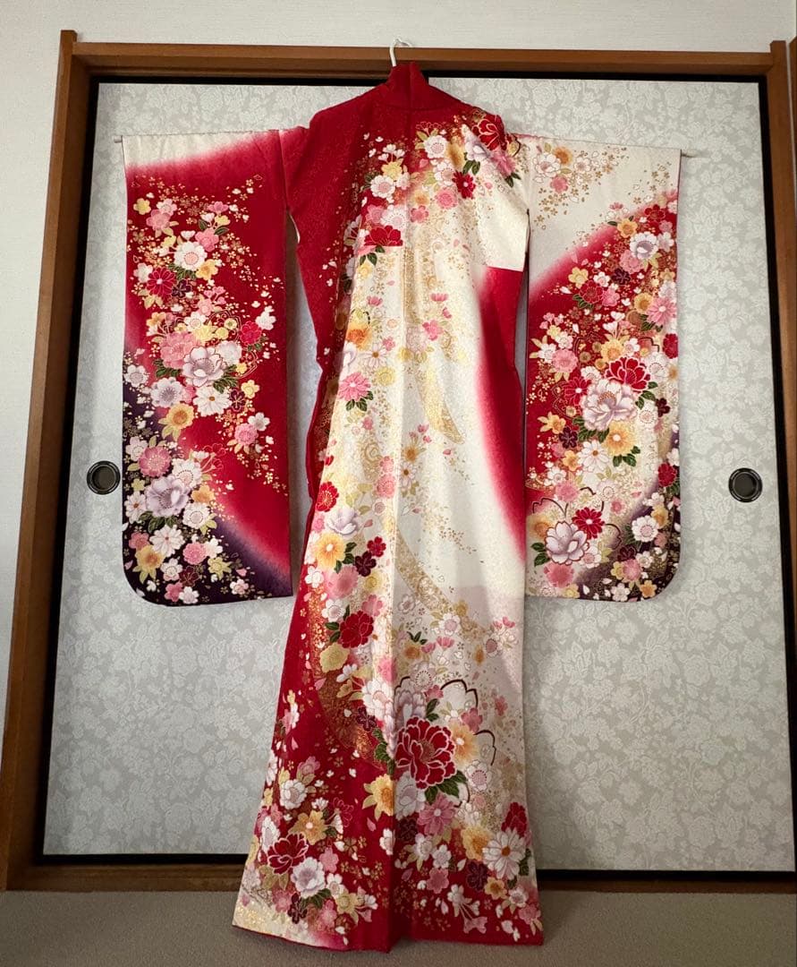 振袖フルセット 正絹 赤 花柄 振袖モード購入 成人式 前撮り 草履バッグ付