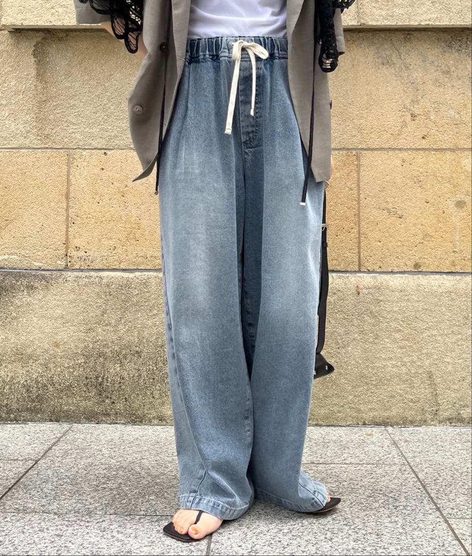 新品☆DouDou デニムワイドイージーパンツ　36
