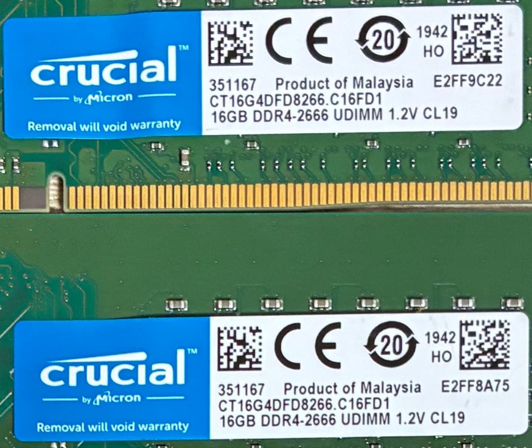 【中古】DDR4-2666 32GB(16GB×2枚) crucial
