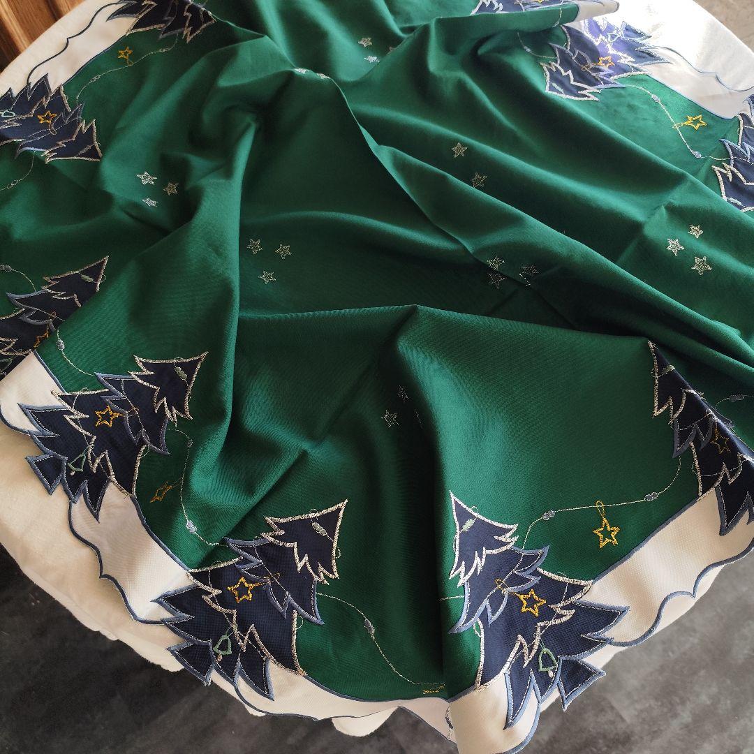 銀糸刺繍　紺色ツリー　深緑　クリスマスクロス