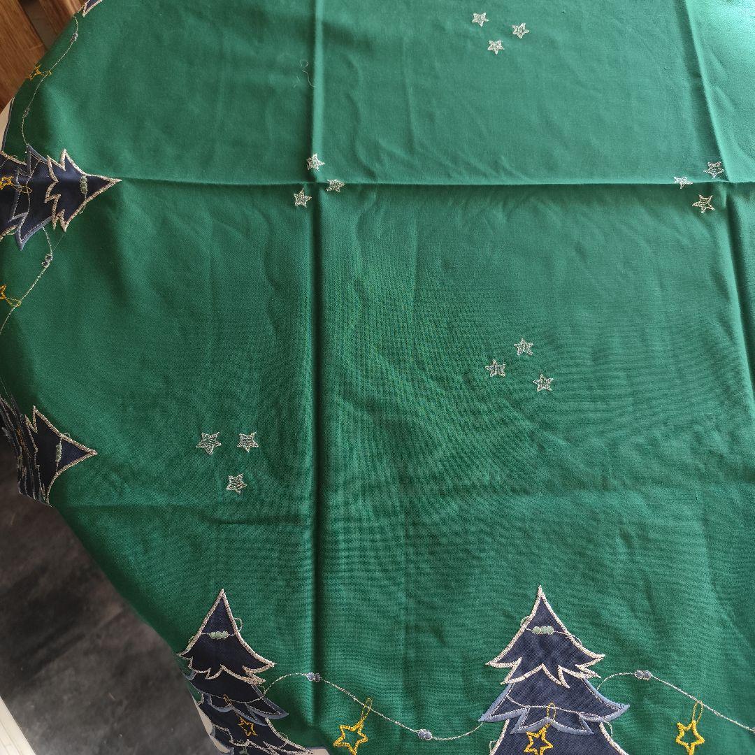 銀糸刺繍　紺色ツリー　深緑　クリスマスクロス