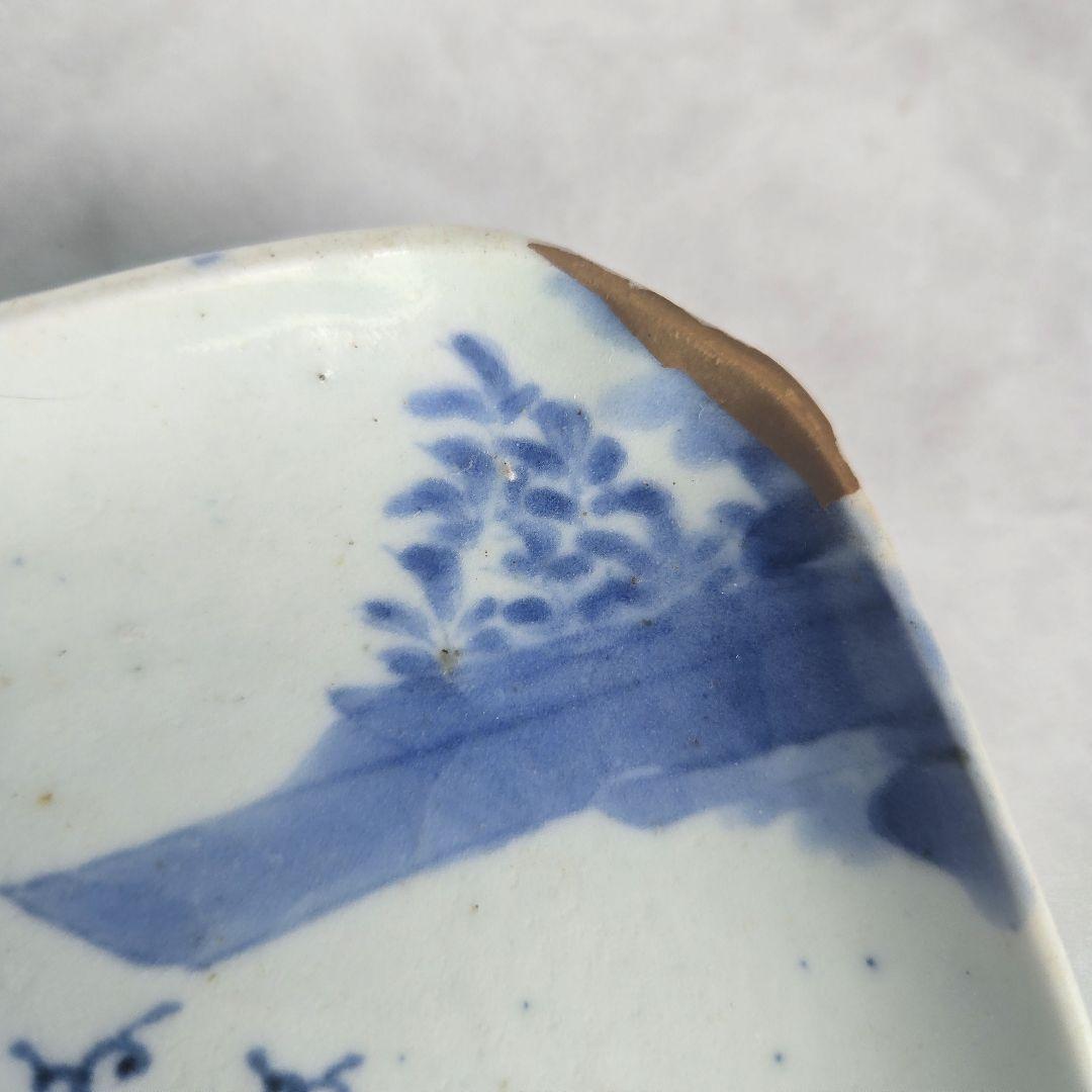 古伊万里　染付　花唐草　江戸時代　小皿　雪輪　骨董　金継ぎ　金直し　アンティーク